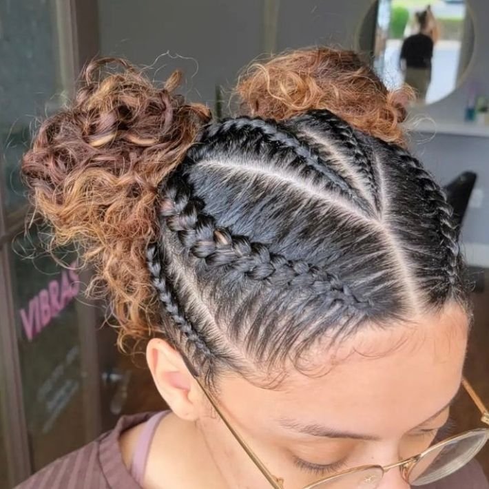 4 Stitch Braids into Two Low Buns