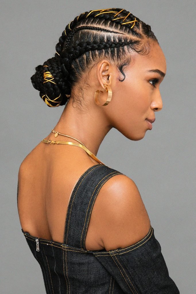 Braided Low Bun with Gold Stitches